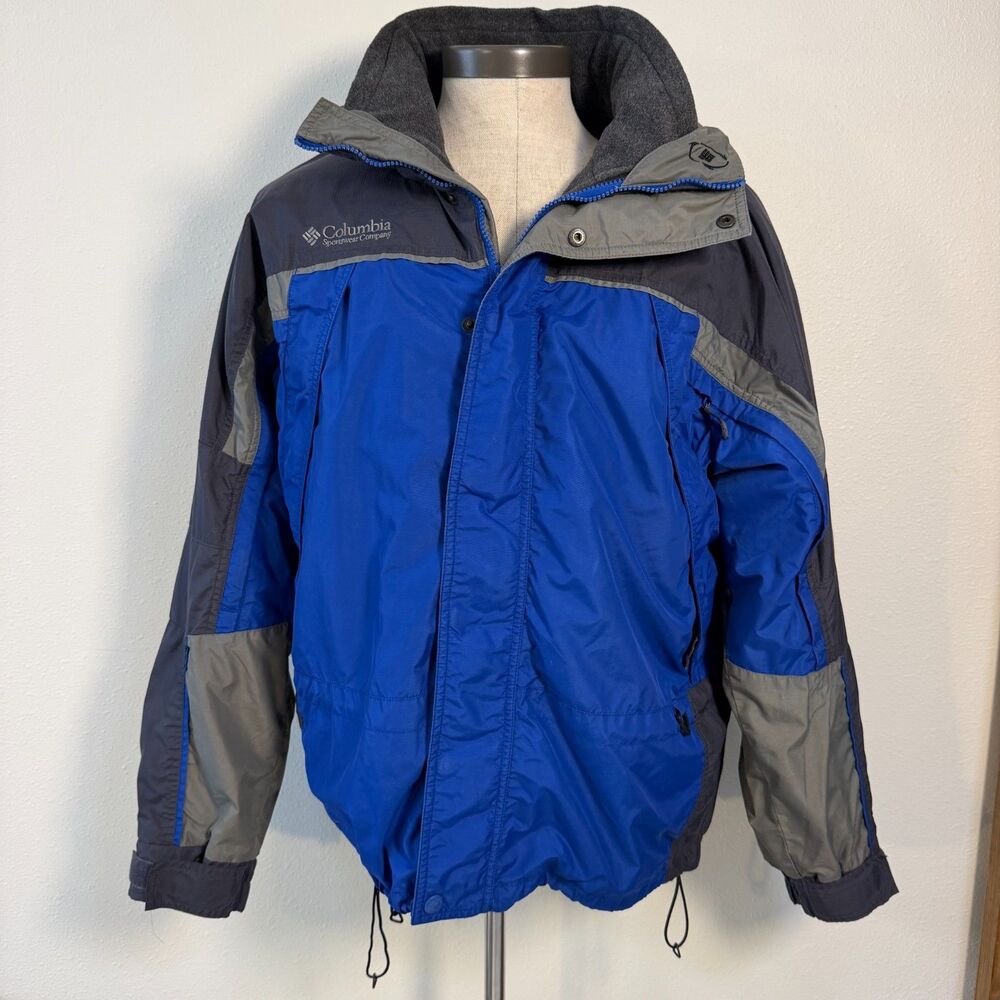 Vintage Columbia Mens L Fire Ridge Ski Jacket Fleece Lined Hood Blue Gray